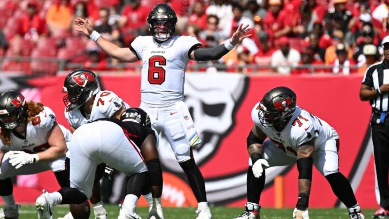 Tampa Bay Buccaneers quarterback Baker Mayfield (6) in the first quarter against the Atlanta Falcons at Raymond James Stadium. Mandatory Credit: Jonathan Dyer-USA TODAY Sports