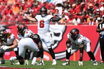 Tampa Bay Buccaneers quarterback Baker Mayfield (6) in the first quarter against the Atlanta Falcons at Raymond James Stadium. Mandatory Credit: Jonathan Dyer-USA TODAY Sports