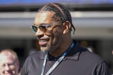 Oct 29, 2023; Charlotte, North Carolina, USA; Former Panther defensive end Julius Peppers awaits his induction into the Panthers Ring of Honor during the first quarter between the Carolina Panthers and the Houston Texans at Bank of America Stadium. Mandatory Credit: Jim Dedmon-USA TODAY Sports