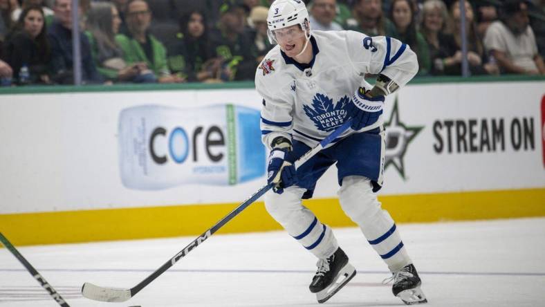 Oct 26, 2023; Dallas, Texas, USA; Toronto Maple Leafs defenseman John Klingberg (3) in action during the game between the Dallas Stars and the Toronto Maple Leafs at the American Airlines Center. Mandatory Credit: Jerome Miron-USA TODAY Sports