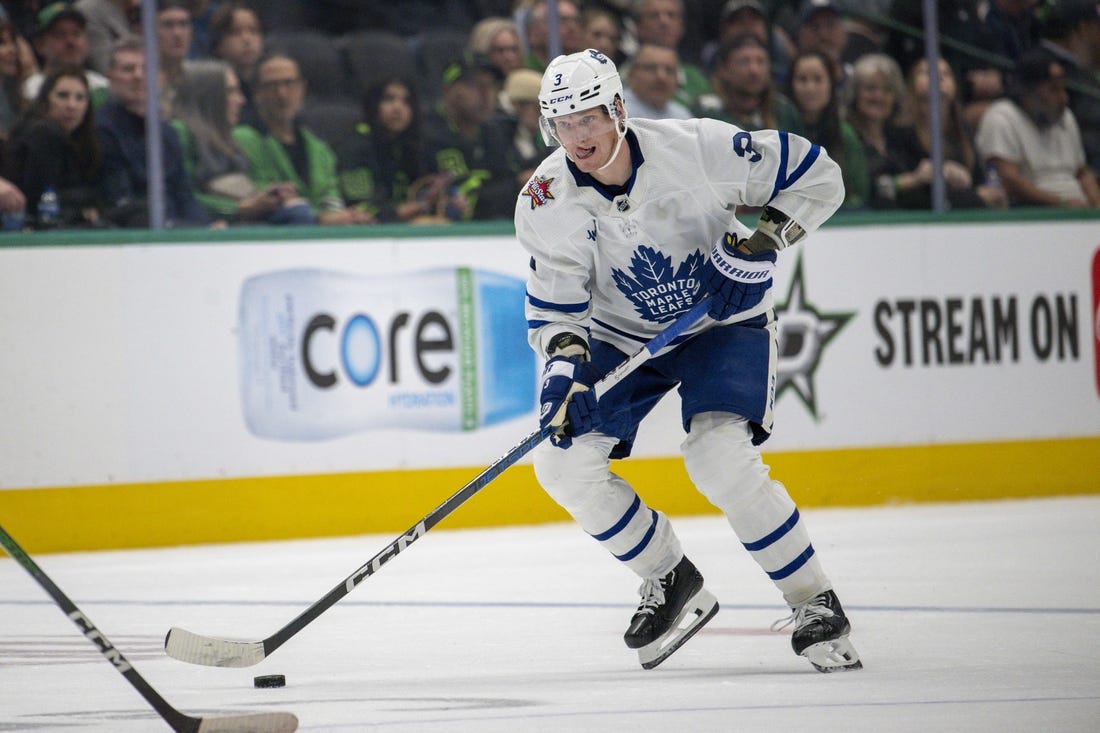 Oct 26, 2023; Dallas, Texas, USA; Toronto Maple Leafs defenseman John Klingberg (3) in action during the game between the Dallas Stars and the Toronto Maple Leafs at the American Airlines Center. Mandatory Credit: Jerome Miron-USA TODAY Sports