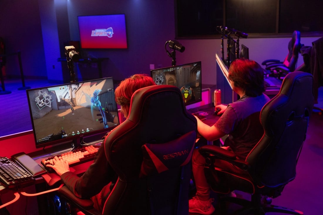 Players Dresden Lewis, 20, of Matawan and Dean Casiere, 20, of Freehold warm up before the start of the actual competition. Brookdale Community College has built an esports arena where students and the community can practice video gaming. It's the latest step in joining a rapidly growing industry. As part of it, the college also has introduced its first varsity esports team featuring 19 players for three different games.