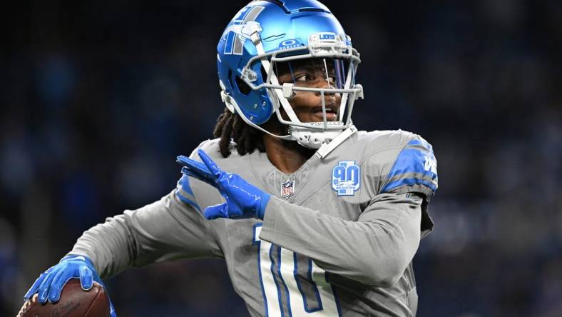 Oct 30, 2023; Detroit, Michigan, USA; Detroit Lions quarterback Teddy Bridgewater (10) throws a pass during warmups before the game against the Las Vegas Raiders at Ford Field. Mandatory Credit: Lon Horwedel-USA TODAY Sports