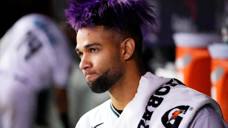 Arizona Diamondbacks left fielder Lourdes Gurriel Jr. (12) in the dugout during the fifth inning against the Texas Rangers during Game 5 of the 2023 World Series at Chase Field.