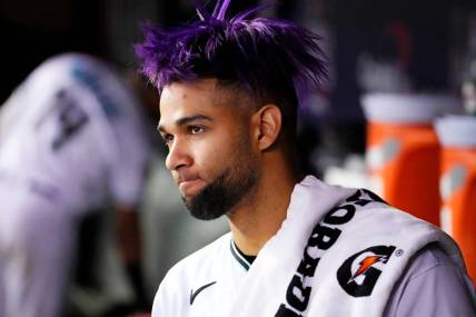 Arizona Diamondbacks left fielder Lourdes Gurriel Jr. (12) in the dugout during the fifth inning against the Texas Rangers during Game 5 of the 2023 World Series at Chase Field.