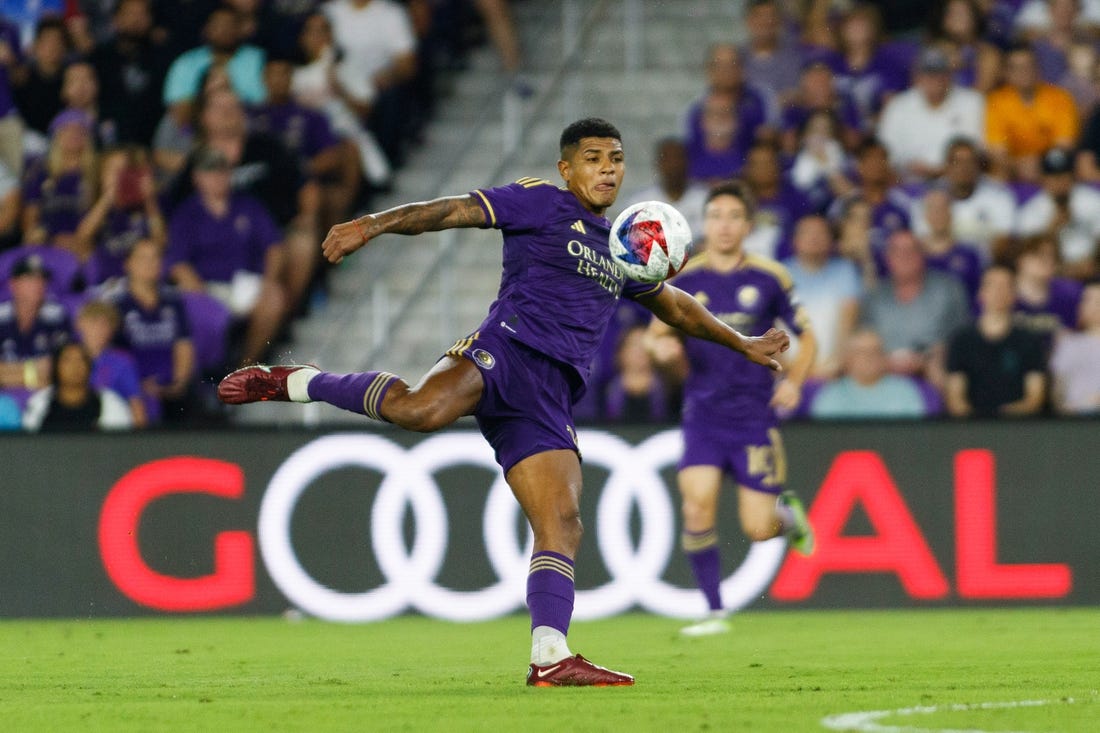 Oct 30, 2023; Orlando, Florida, USA; Orlando City SC midfielder Wilder Cartagena (16) against Nashville SC in the second half at Exploria Stadium. Mandatory Credit: Morgan Tencza-USA TODAY Sports