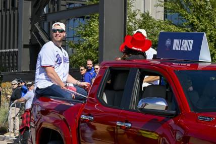 Nov 3, 2023; Arlington, TX, USA; Texas Rangers relief pitcher Will Smith (51) during the World Series championship parade at Globe Life Field. Mandatory Credit: Jerome Miron-USA TODAY Sports