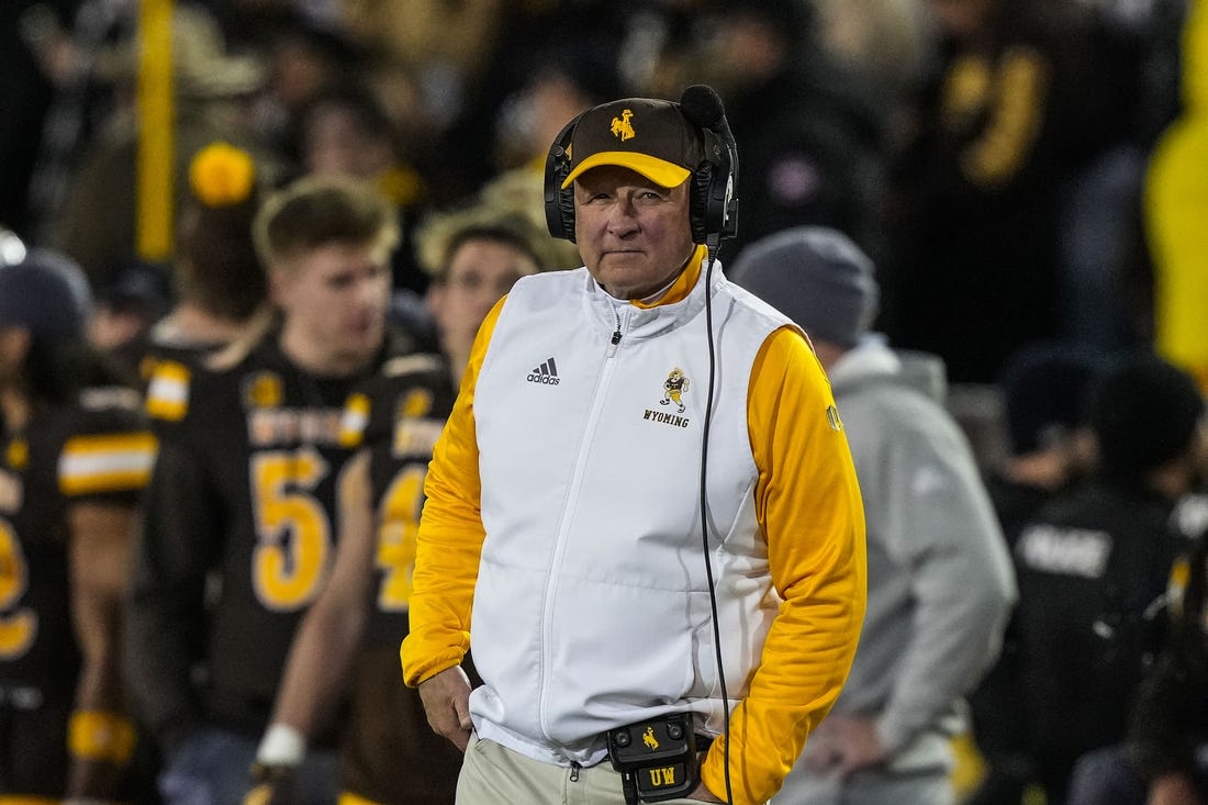 Nov 3, 2023; Laramie, Wyoming, USA; Wyoming Cowboys head coach Craig Bohl against the Colorado State Rams during the fourth quarter at Jonah Field at War Memorial Stadium. Mandatory Credit: Troy Babbitt-USA TODAY Sports