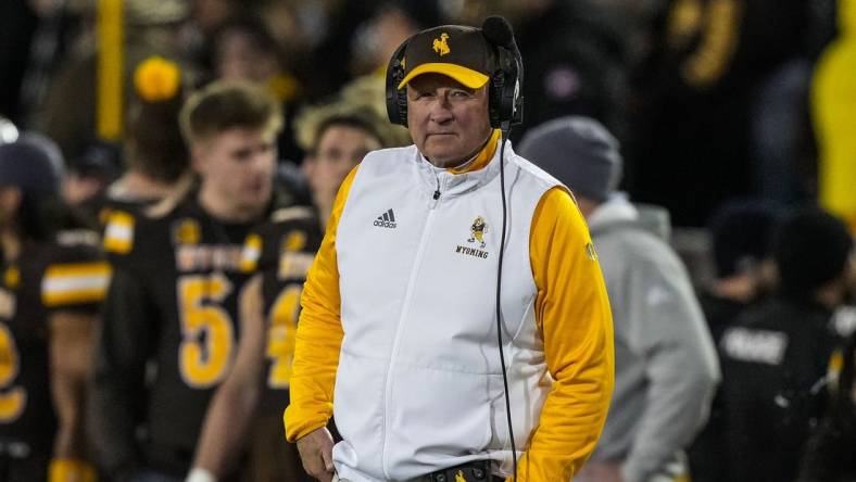 Nov 3, 2023; Laramie, Wyoming, USA; Wyoming Cowboys head coach Craig Bohl against the Colorado State Rams during the fourth quarter at Jonah Field at War Memorial Stadium. Mandatory Credit: Troy Babbitt-USA TODAY Sports