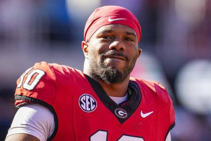 Nov 4, 2023; Athens, Georgia, USA; Georgia Bulldogs linebacker Jamon Dumas-Johnson (10) on the field during the game against the Missouri Tigers during the first half at Sanford Stadium. Mandatory Credit: Dale Zanine-USA TODAY Sports