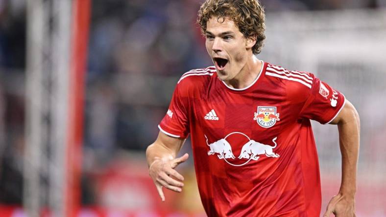 Nov 4, 2023; Harrison, NJ, USA; New York Red Bulls forward Tom Barlow (74) celebrates after scoring a goal during the second half against the FC Cincinnati of game two in a round one match of the 2023 MLS Cup Playoffs at Red Bull Arena. Mandatory Credit: Mark Smith-USA TODAY Sports