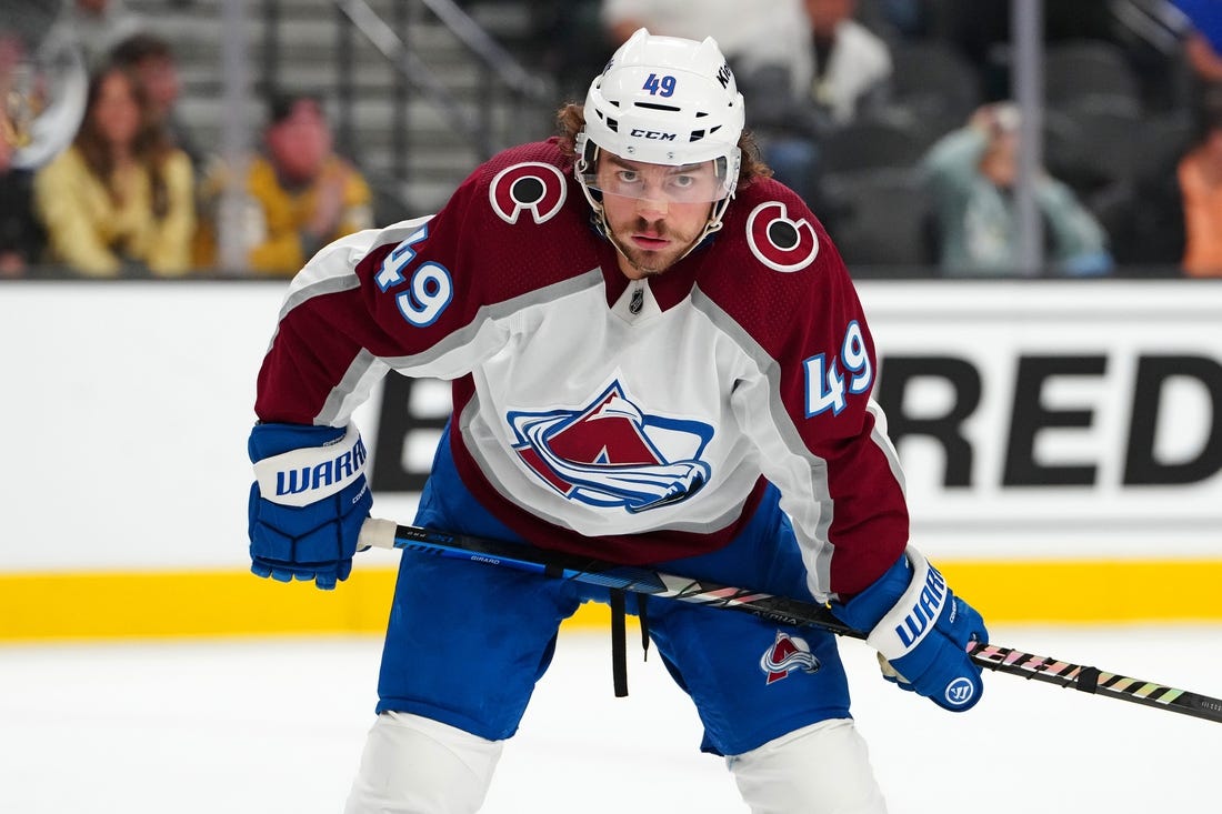 Nov 4, 2023; Las Vegas, Nevada, USA; Colorado Avalanche defenseman Samuel Girard (49) awaits a face off against the Vegas Golden Knights during the first period at T-Mobile Arena. Mandatory Credit: Stephen R. Sylvanie-USA TODAY Sports