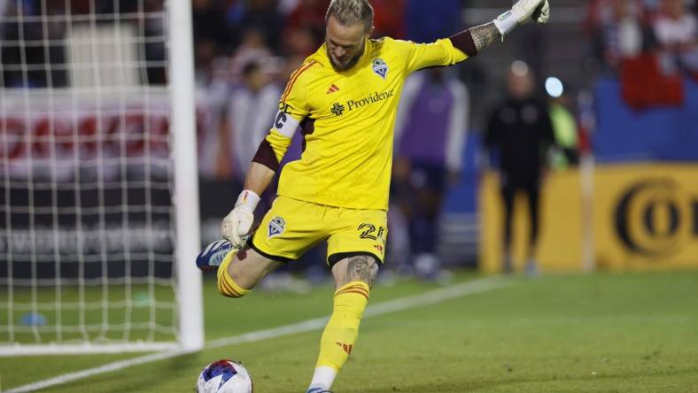 Nov 4, 2023; Frisco, Texas, USA; Seattle Sounders goalkeeper Stefan Frei (24) clears the ball during the second half of game two against FC Dallas in a round one match of the 2023 MLS Cup Playoffs at Toyota Stadium. Mandatory Credit: Andrew Dieb-USA TODAY Sports