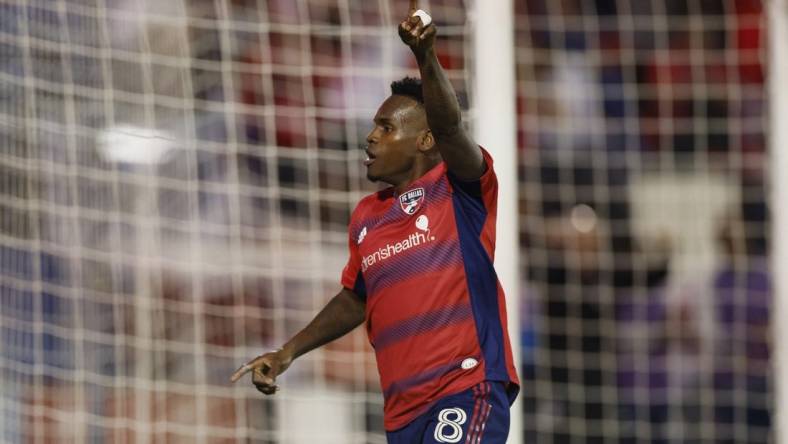 Nov 4, 2023; Frisco, Texas, USA; FC Dallas forward Jader Obrian (8) celebrates after scoring a goal during the second half of game two against Seattle Sounders in a round one match of the 2023 MLS Cup Playoffs at Toyota Stadium. Mandatory Credit: Andrew Dieb-USA TODAY Sports