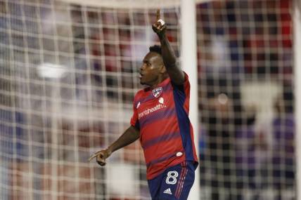 Nov 4, 2023; Frisco, Texas, USA; FC Dallas forward Jader Obrian (8) celebrates after scoring a goal during the second half of game two against Seattle Sounders in a round one match of the 2023 MLS Cup Playoffs at Toyota Stadium. Mandatory Credit: Andrew Dieb-USA TODAY Sports