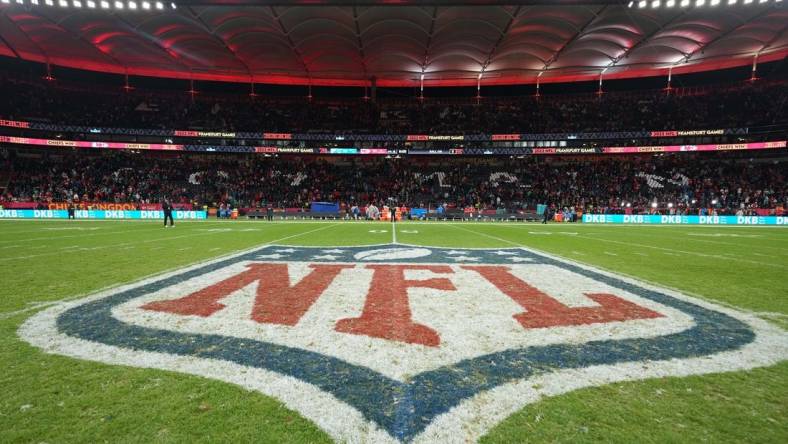 Nov 5, 2023; Frankfurt, Germany; The NFL shield logo at midfield during an NFL International Series game at Deutsche Bank Park. Mandatory Credit: Kirby Lee-USA TODAY Sports