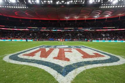 Nov 5, 2023; Frankfurt, Germany; The NFL shield logo at midfield during an NFL International Series game at Deutsche Bank Park. Mandatory Credit: Kirby Lee-USA TODAY Sports