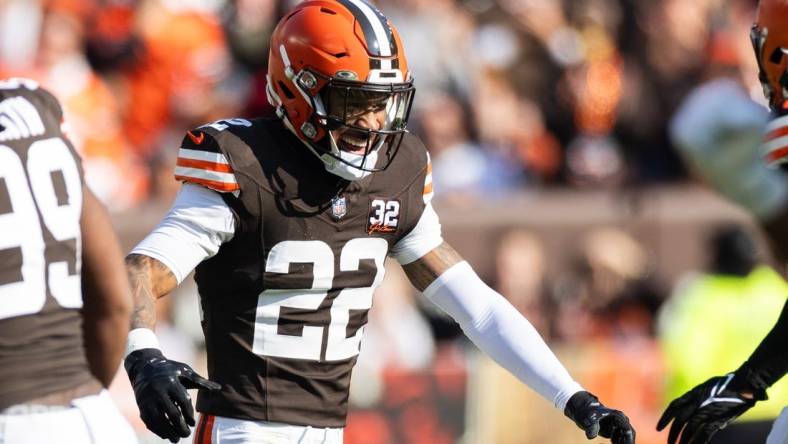 Nov 5, 2023; Cleveland, Ohio, USA; Cleveland Browns safety Grant Delpit (22) celebrates a third down stop against the Arizona Cardinals during the first quarter at Cleveland Browns Stadium. Mandatory Credit: Scott Galvin-USA TODAY Sports