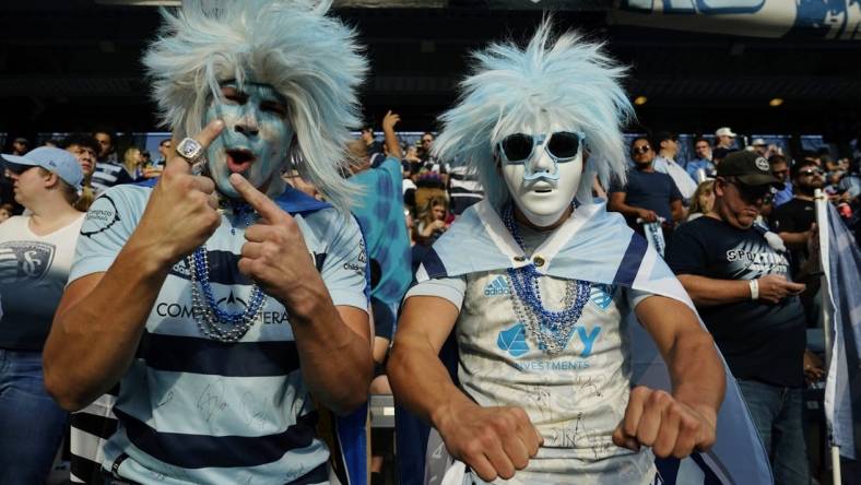 Nov 5, 2023; Kansas City, KS, USA; Sporting Kansas City fans before the start of the match of game two in a round one match of the 2023 MLS Cup Playoffs at Children's Mercy Park. Mandatory Credit: Jay Biggerstaff-USA TODAY Sports