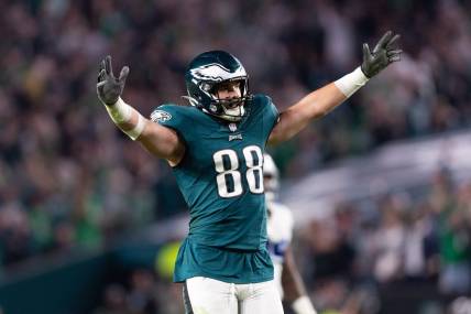 Nov 5, 2023; Philadelphia, Pennsylvania, USA; Philadelphia Eagles tight end Dallas Goedert (88) reacts to a touchdown against the Dallas Cowboys during the third quarter at Lincoln Financial Field. Mandatory Credit: Bill Streicher-USA TODAY Sports