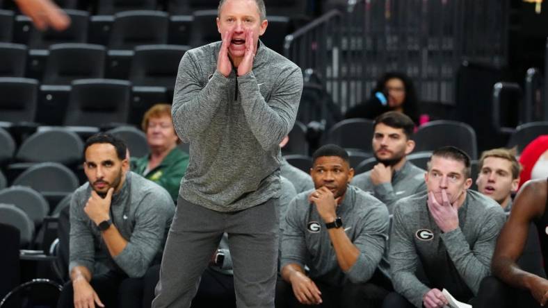 Nov 6, 2023; Las Vegas, Nevada, USA; Georgia Bulldogs head coach Mike White shouts from the sideline during the second half against the Oregon Ducks at T-Mobile Arena. Mandatory Credit: Stephen R. Sylvanie-USA TODAY Sports