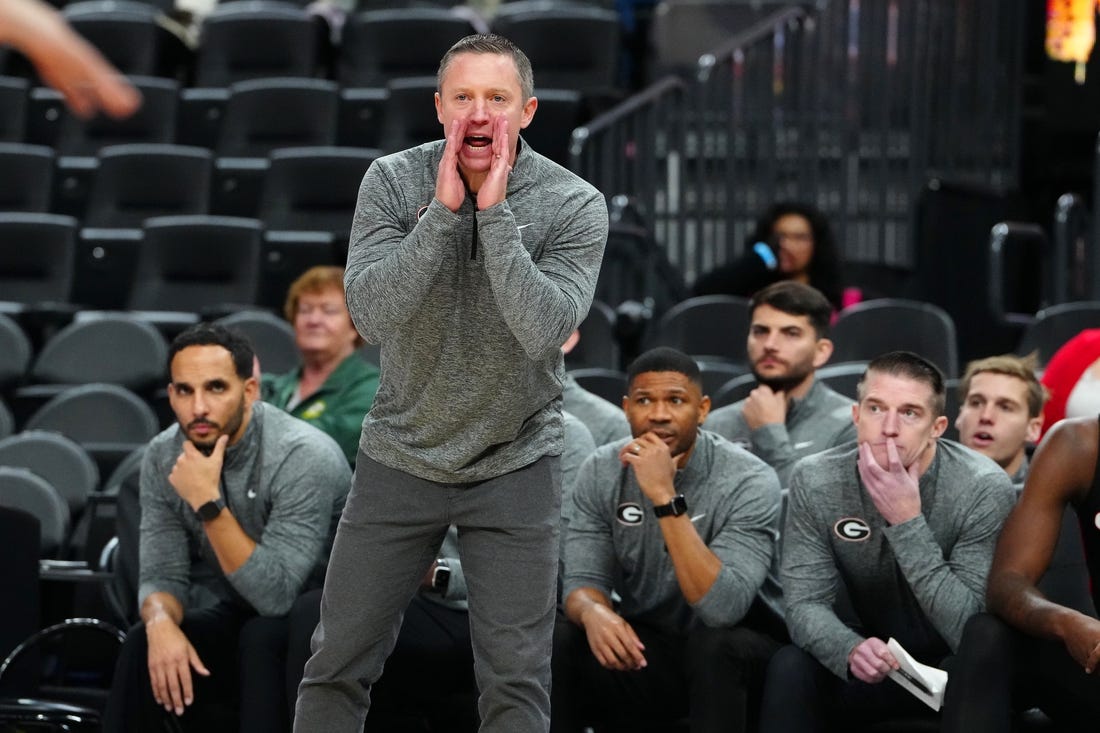 Nov 6, 2023; Las Vegas, Nevada, USA; Georgia Bulldogs head coach Mike White shouts from the sideline during the second half against the Oregon Ducks at T-Mobile Arena. Mandatory Credit: Stephen R. Sylvanie-USA TODAY Sports