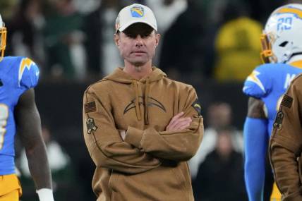 Nov 6, 2023; East Rutherford, New Jersey, USA;  Los Angeles Chargers head coach Brandon Staley looks on before a game against the New York Jets at MetLife Stadium. Mandatory Credit: Robert Deutsch-USA TODAY Sports