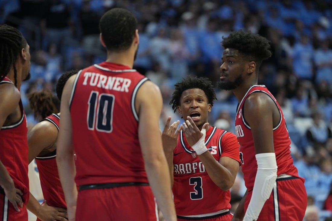 Nov 6, 2023; Chapel Hill, North Carolina, USA; Radford Highlanders guard Kenyon Giles (3) talks to the team in the huddle in the second half at Dean E. Smith Center. Mandatory Credit: Bob Donnan-USA TODAY Sports