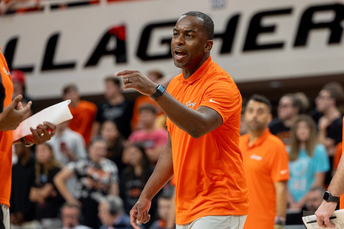 Oklahoma State head coach Mike Boynton reacts during a timeout during the second half of an NCAA men  s college basketball game Monday, Nov. 6, 2023., in Stillwater, Okla. (Mitch Alcala for the Oklahoman)