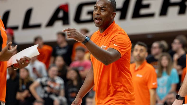 Oklahoma State head coach Mike Boynton reacts during a timeout during the second half of an NCAA men  s college basketball game Monday, Nov. 6, 2023., in Stillwater, Okla. (Mitch Alcala for the Oklahoman)