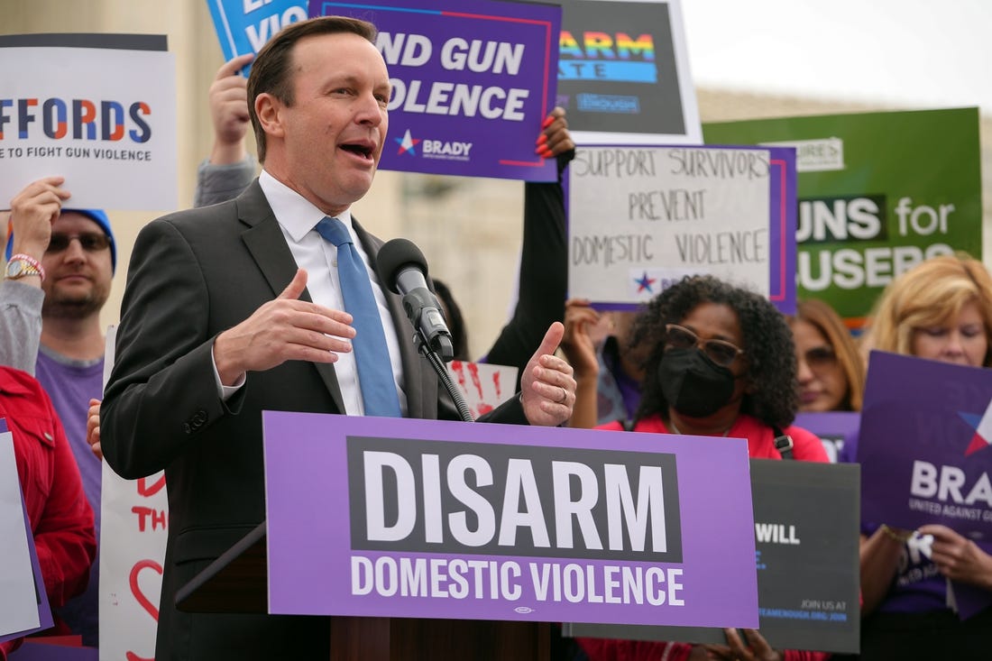 Nov 7, 2023; Washington, DC, USA; Senator Chris Murphy speaks outside the Supreme Court Tuesday during arguments in the case, U.S. v. Rahimi. Mandatory Credit: Megan Smith-USA TODAY