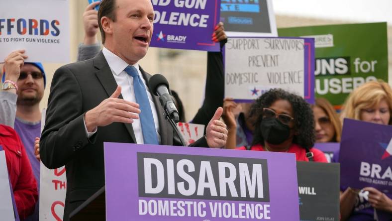 Nov 7, 2023; Washington, DC, USA; Senator Chris Murphy speaks outside the Supreme Court Tuesday during arguments in the case, U.S. v. Rahimi. Mandatory Credit: Megan Smith-USA TODAY