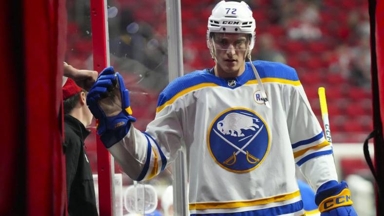 Nov 7, 2023; Raleigh, North Carolina, USA; Buffalo Sabres right wing Tage Thompson (72) comes off the ice after the warmups before the game against the Carolina Hurricanes at PNC Arena. Mandatory Credit: James Guillory-USA TODAY Sports