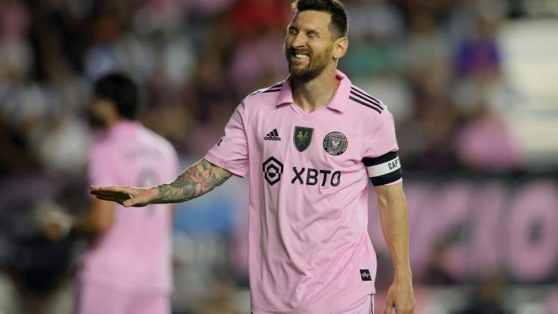 Nov 10, 2023; Lauderdale, FL, USA; Inter Miami forward Lionel Messi (10) reacts after missing a shot against New York City during the first half at DRV PNK Stadium. Mandatory Credit: Sam Navarro-USA TODAY Sports