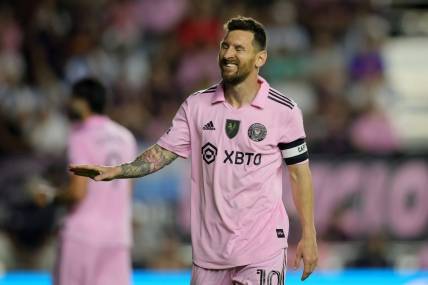 Nov 10, 2023; Lauderdale, FL, USA; Inter Miami forward Lionel Messi (10) reacts after missing a shot against New York City during the first half at DRV PNK Stadium. Mandatory Credit: Sam Navarro-USA TODAY Sports