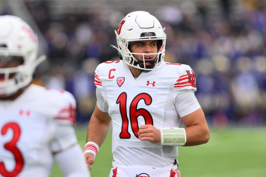 Nov 11, 2023; Seattle, Washington, USA; Utah Utes quarterback Bryson Barnes (16) during warmups prior to the game against the Washington Huskies at Alaska Airlines Field at Husky Stadium. Mandatory Credit: Steven Bisig-USA TODAY Sports