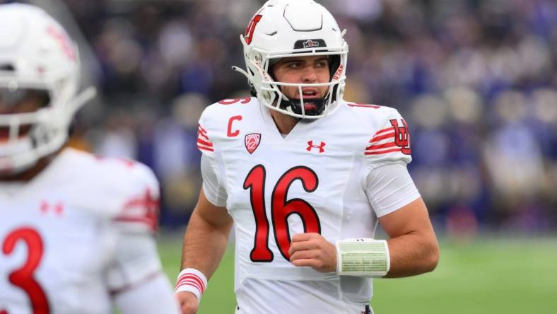 Nov 11, 2023; Seattle, Washington, USA; Utah Utes quarterback Bryson Barnes (16) during warmups prior to the game against the Washington Huskies at Alaska Airlines Field at Husky Stadium. Mandatory Credit: Steven Bisig-USA TODAY Sports