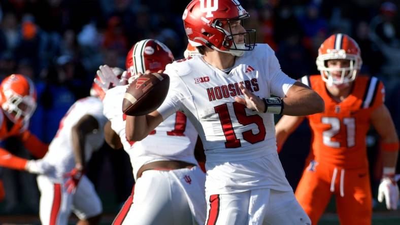 Nov 11, 2023; Champaign, Illinois, USA;  Indiana Hoosiers quarterback Brendan Sorsby (15) passes the ball during the second half against the Illinois Fighting Illini at Memorial Stadium. Mandatory Credit: Ron Johnson-USA TODAY Sports