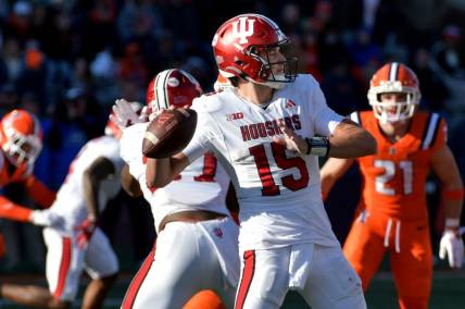 Nov 11, 2023; Champaign, Illinois, USA;  Indiana Hoosiers quarterback Brendan Sorsby (15) passes the ball during the second half against the Illinois Fighting Illini at Memorial Stadium. Mandatory Credit: Ron Johnson-USA TODAY Sports