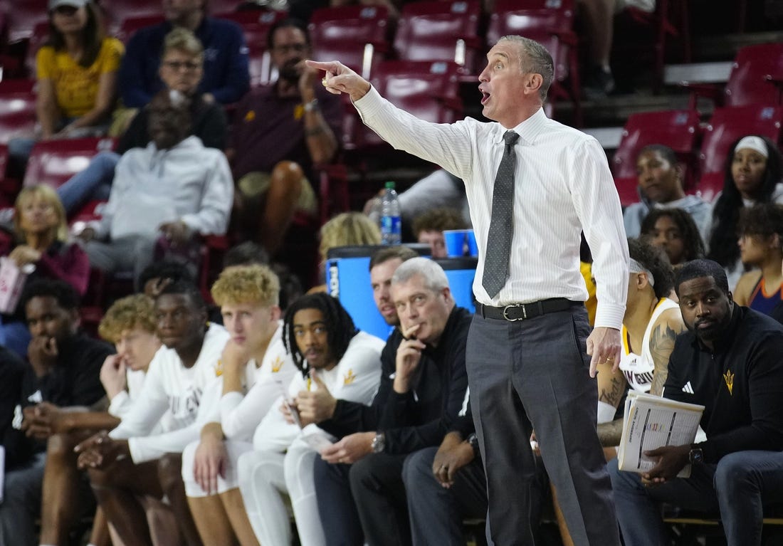 November 11, 2023; Tempe, Ariz.; USA; ASU head coach Bobby Hurley calls out to his team during the season home opener against Texas Southern at Desert Financial Arena.