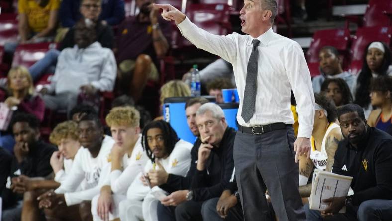 November 11, 2023; Tempe, Ariz.; USA; ASU head coach Bobby Hurley calls out to his team during the season home opener against Texas Southern at Desert Financial Arena.