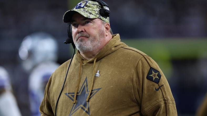 Nov 12, 2023; Arlington, Texas, USA;  Dallas Cowboys head coach Mike McCarthy during the game against the New York Giants at AT&T Stadium. Mandatory Credit: Kevin Jairaj-USA TODAY Sports