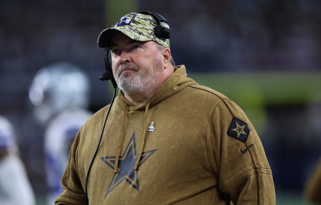 Nov 12, 2023; Arlington, Texas, USA;  Dallas Cowboys head coach Mike McCarthy during the game against the New York Giants at AT&T Stadium. Mandatory Credit: Kevin Jairaj-USA TODAY Sports