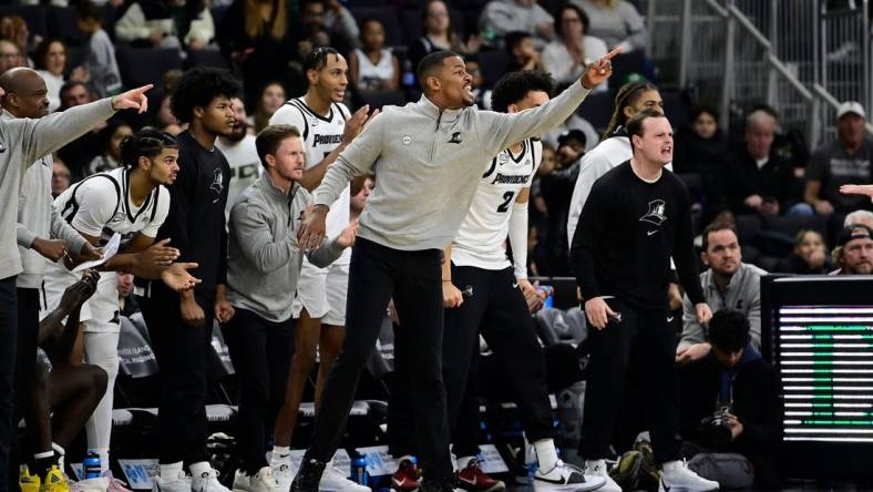 Nov 14, 2023; Providence, Rhode Island, USA; Providence Friars head coach Kim English reacts to a play against the Wisconsin Badgers  during the second half at Amica Mutual Pavilion. Mandatory Credit: Eric Canha-USA TODAY Sports