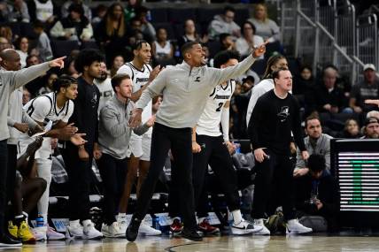 Nov 14, 2023; Providence, Rhode Island, USA; Providence Friars head coach Kim English reacts to a play against the Wisconsin Badgers  during the second half at Amica Mutual Pavilion. Mandatory Credit: Eric Canha-USA TODAY Sports