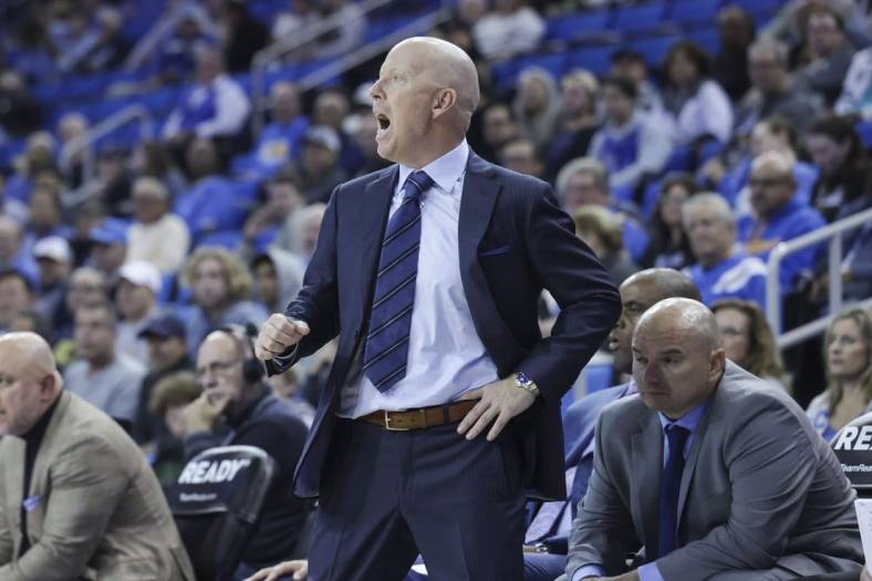 Nov 15, 2023; Los Angeles, California, USA; UCLA head coach Mick Cronin remarks during the second half in a game against Long Island University at Pauley Pavilion presented by Wescom. Mandatory Credit: Yannick Peterhans-USA TODAY Sports
