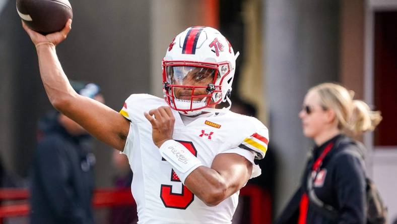 Nov 11, 2023; Lincoln, Nebraska, USA; Maryland Terrapins quarterback Taulia Tagovailoa (3) before the game against the Nebraska Cornhuskers at Memorial Stadium. Mandatory Credit: Dylan Widger-USA TODAY Sports