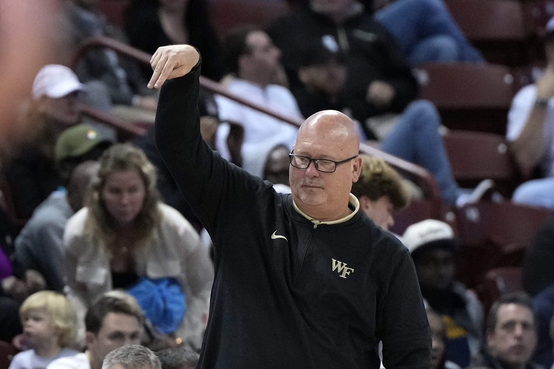 Nov 16, 2023; Charleston, South Carolina, USA; Wake Forest Demon Deacons head coach Steve Forbes reacts to play on the court in the second half against the Utah Utes at TD Arena. Mandatory Credit: David Yeazell-USA TODAY Sports
