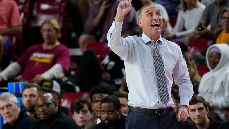 ASU head coach Bobby Hurley calls out to his team against UMass Lowell during a game at Desert Financial Arena in Tempe on Nov. 16, 2023.