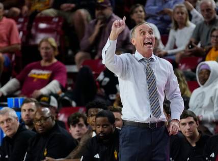 ASU head coach Bobby Hurley calls out to his team against UMass Lowell during a game at Desert Financial Arena in Tempe on Nov. 16, 2023.